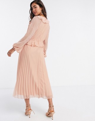 ASOS DESIGN soft pleated midi dress with drawstring waist and frills in blush
