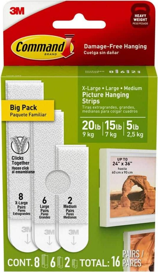 Picture Hanging Strips Variety Pack, White, Damage Free Decorating, 16 Pairs