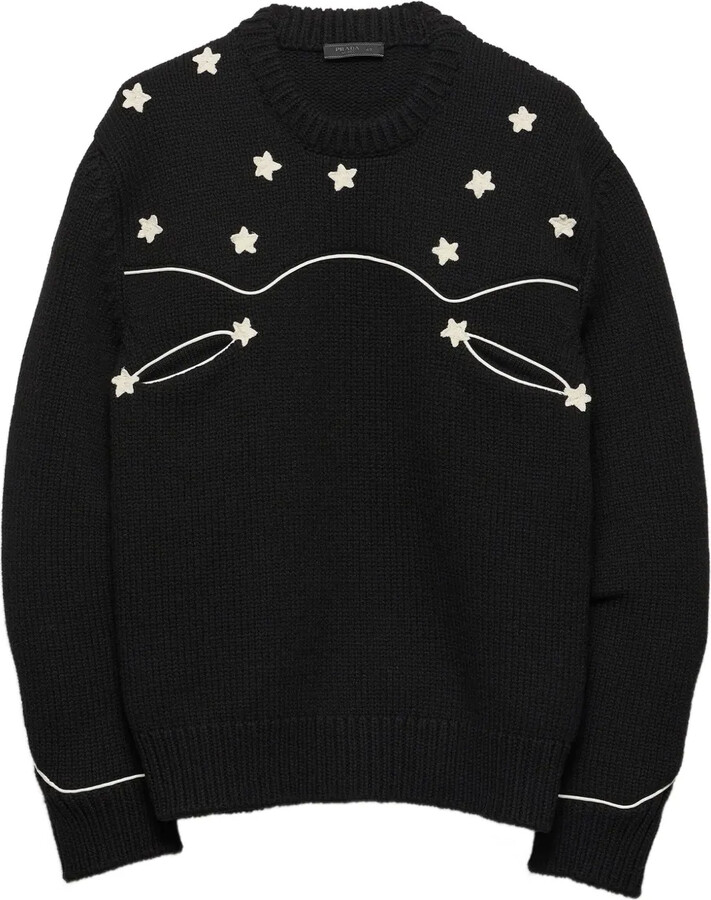 Prada Star-Embroidered Ribbed Knit Sweater