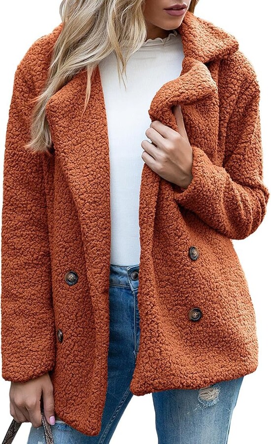 Generic Women's Sherpa Fleece Jacket Fashion Button Long Sleeve Sweater Winter Casual Lapel Faux Fur Outwear Warm Clothes (Caramel