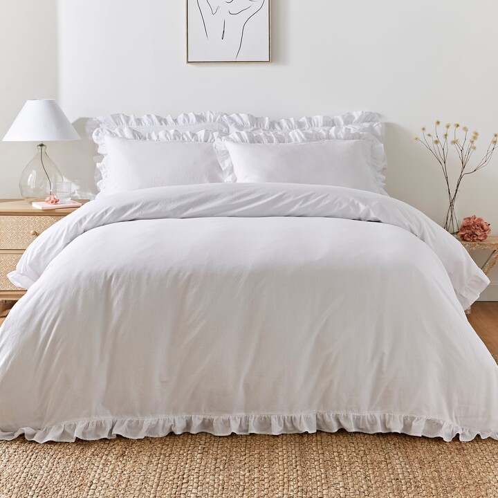 Dunelm Camille Ruffle White 100 Cotton Duvet Cover and Pillowcase Set