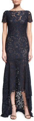 Theia Short-Sleeve Lace High-Low Gown