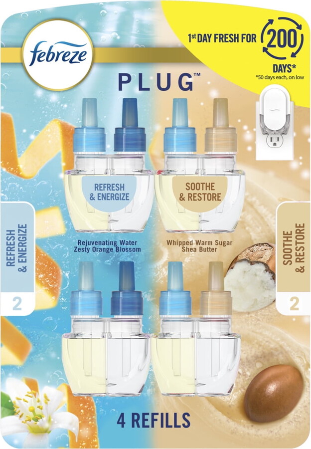 Febreze Plug In Air Freshener, Odor-Fighting Scented Oil Refill in Refresh & Energize and Soothe & Restore Scents, 4 Refills