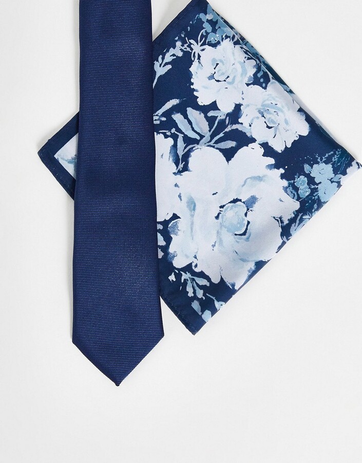 ASOS DESIGN slim tie and pocket square with floral design in navy - NAVY -  ShopStyle