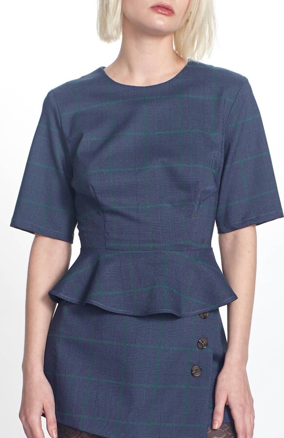 Corey Lynn Calter Yolanda Plaid Peplum In Navy