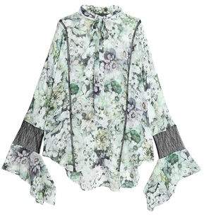Nicholas Pussy-Bow Lace-Paneled Floral-Print Silk-Chiffon Blouse