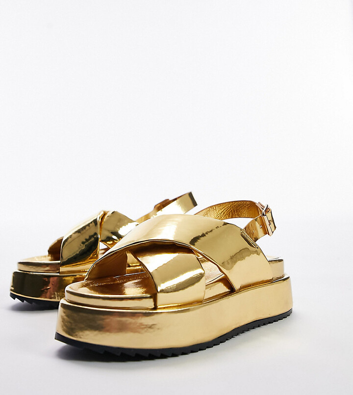 Topshop Wide Fit Gaby chunky flatform sandal in gold - ShopStyle