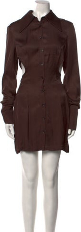 LADO BOKUCHAVA Shirtdress Brown Cutout Accent Long Sleeve with Collar Button Closure at Front