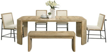 Benjara 7Pc Extendable Dining Table Set, 6 Beige Chairs, Solid Wood Oak Brown