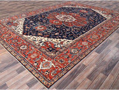 9'2"x12'8" Midnight Blue, Aryana Grade, Serapi Heriz with Flower Medallion Design, Vegetable Dyes, Hand Knotted, High Mountain Wool, Soft Pile, Densel