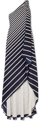 Halston Asymmetric Striped Crepe Gown - Navy