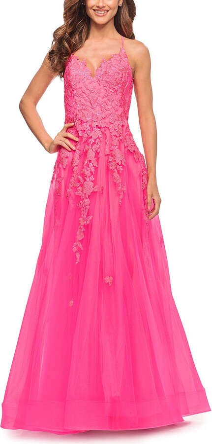 La Femme Gorgeous Lace and Tulle Ball Gown with High Slit in Neon Pink