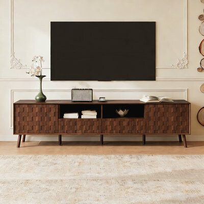 George Oliver Modern TV Stand for TVs up to 85 inches, Entertainment Center with Solid Wood Legs, Drawers, and Cable Management