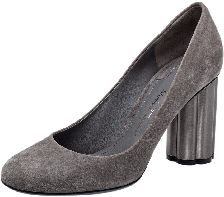 gray block heel pumps