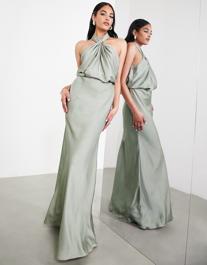 ASOS EDITION satin ruched halter neck maxi dress in sage green - ShopStyle