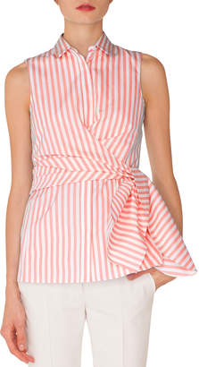 Akris Punto Sleeveless Kent-Collar Wrap-Detail Striped Shirt