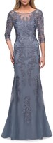 Thumbnail for your product : La Femme Lace 3/4-Sleeve Column Gown
