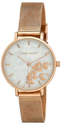 Laura Ashley Women's Engraved Floral Printed Rose Gold-Tone Alloy Mesh Band Watch 34mm
