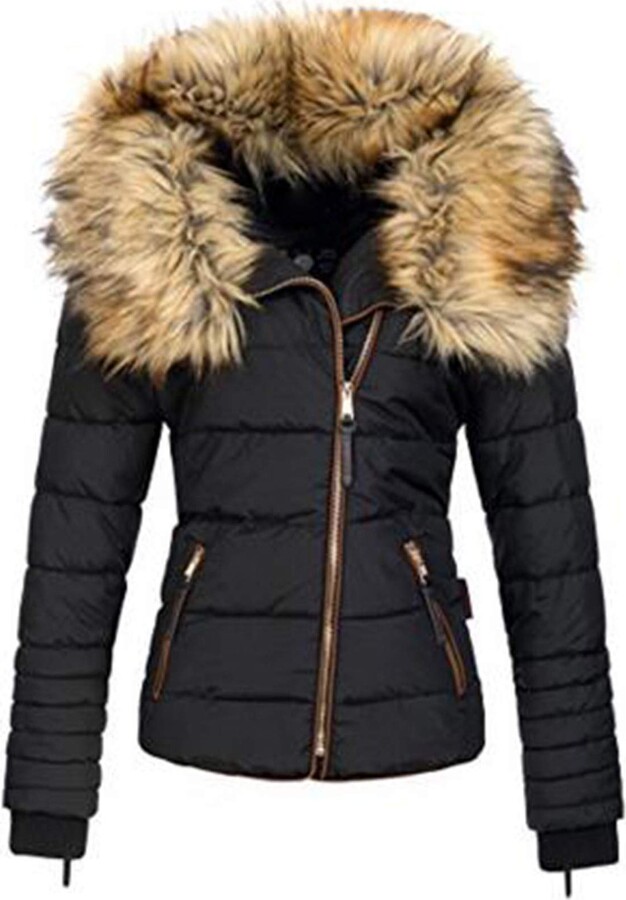Lingswallow Womens Winter Fuzzy Faux Fur Collar Warm Thicken Slim Long Jacket Outwear 