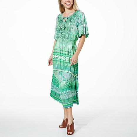 One World Printed Jersey Knit Flutter-Sleeve Maxi Dress - Green - Plus