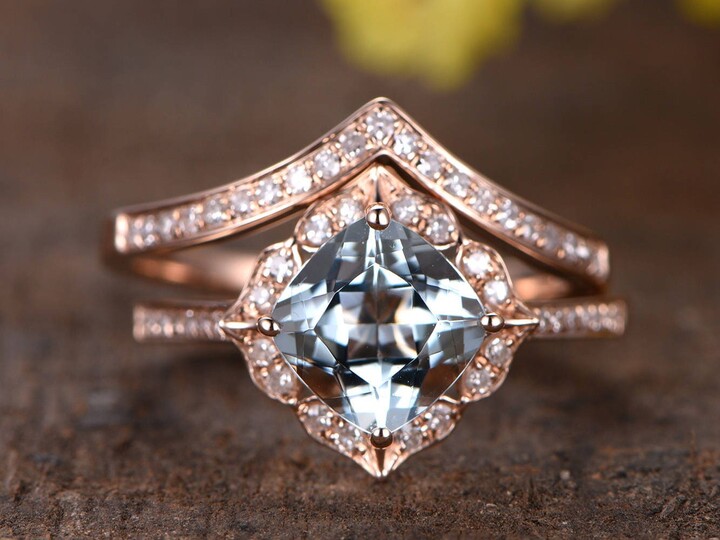 Etsy 7mm Cushion Natural Aquamarine Engagement Ring Set 14K Rose Gold Diamond Wedding Band 2Pcs Bridal Set Blue Gemstone Ring Deco Set