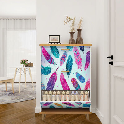 East Urban Home Shoe Storage Cabinet with 3 Flip Drawers for Hand drawn painted bird feathers Titled art for your Shoe Rack Storage Organizer
