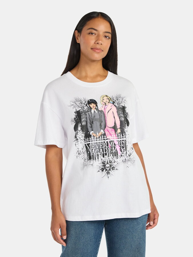 Wednesday Addams Women’s Nevermore Academy Cotton Graphic Tee with Short Sleeves, Sizes XXS-2XL