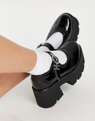 Lamoda chunky Mary Jane brogue shoes in black patent - ShopStyle Platforms