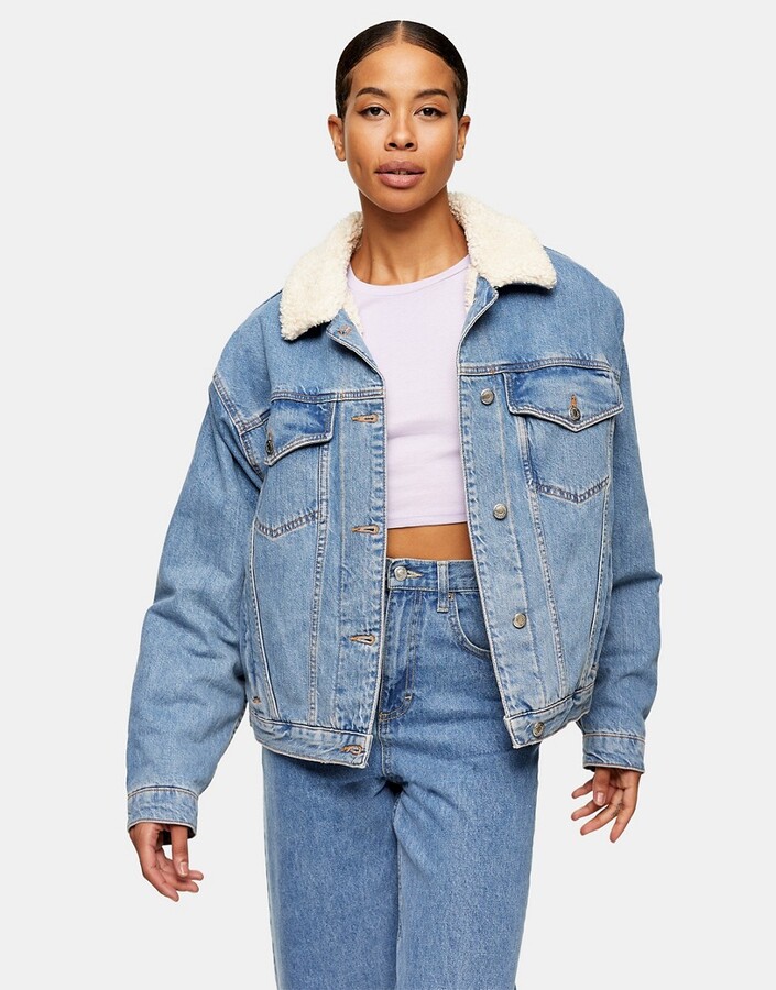 Topshop oversized borg trim recycled cotton denim jacket in mid blue -  ShopStyle