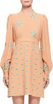 Thumbnail for your product : Chloé Floral-Embroidered Belted Bishop-Sleeve Dress, Peach/Mint