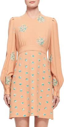Chloé Floral-Embroidered Belted Bishop-Sleeve Dress, Peach/Mint