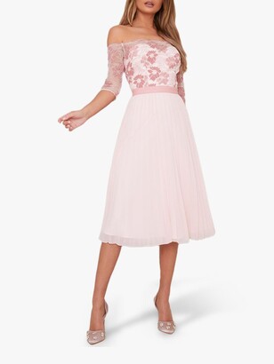 Chi Chi London Selda Lace Bardot Dress, Pink