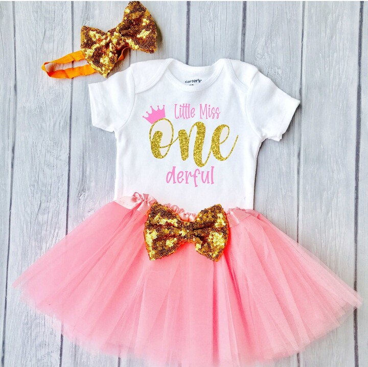 Little Miss Onederful Outfit, Personalized 1st Birthday Pink & Gold Cake Smash Birthday Outfit Girl