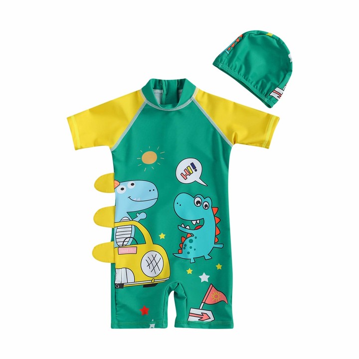 Qpap Toddler Kids Baby Boy Dinosaur Cartoon Swimsuit Rash Guard Swimwear Short Sleeve OnePiece