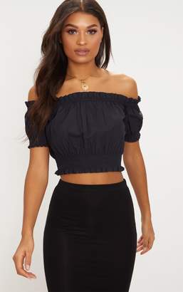 PrettyLittleThing White Ruched Sleeve Bardot Crop Top