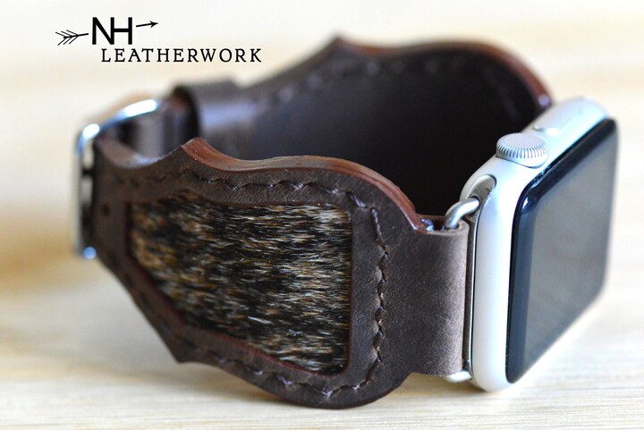 Leather Watch Band Strap Hair On Hide Inlay With Dark Brown Oil Tan For Apple 38/40/41mm 42/44/45/49mm, Fitbit Versa 2, Samsung Galaxy