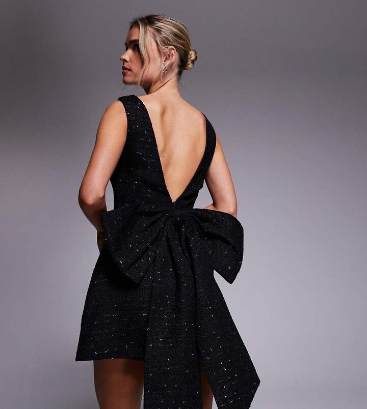 Jaded Rose Petite low bow back mini dress in black stretch bouclé