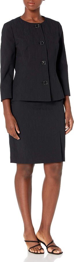 Le Suit Womens Plus Size 4 Button Jewel Neck Seamed Texture Jacquard Slim Skirt Suit