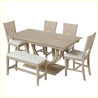 Gracie Oaks Modern 6-Piece Wood Half Round Dining Table Set with Long Bench and 4 Dining Chairs