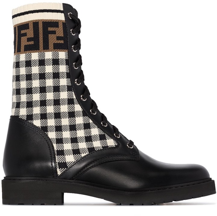 fendi rockoko leather and knit combat boots