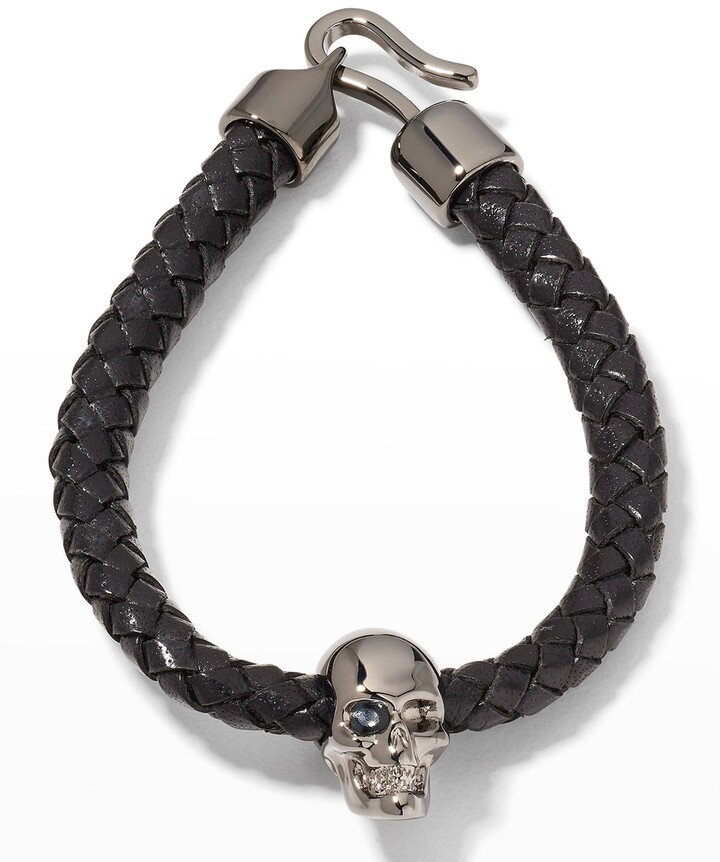 Aokarry Leather Bracelets for Men Skull Two-ends Weave Black
