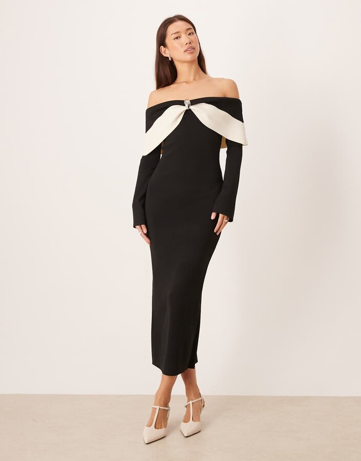 Pretty Lavish rib knit off the shoulder contrast bow midaxi dress in black