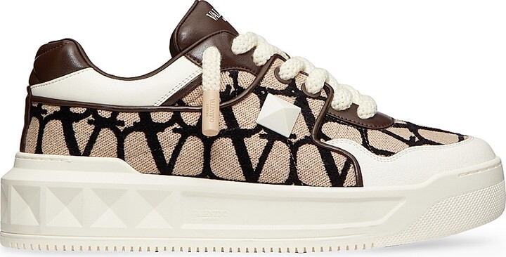 Valentino Garavani Men's One Stud Xl Low-top Sneaker In Nappa Leather And Toile Iconographe Fabric - Beige Black - Size 8