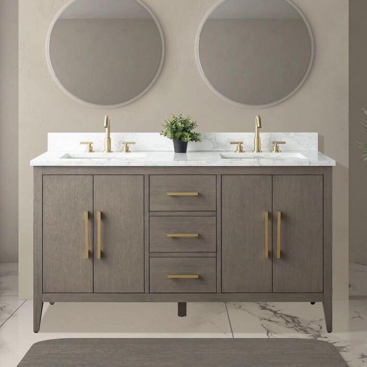 Vanity Art 60 in. W x 22 in. D x 38 in. H Double-Sink Bath Vanity in Driftwood Gray with Engineered Marble Top in Arabescato White