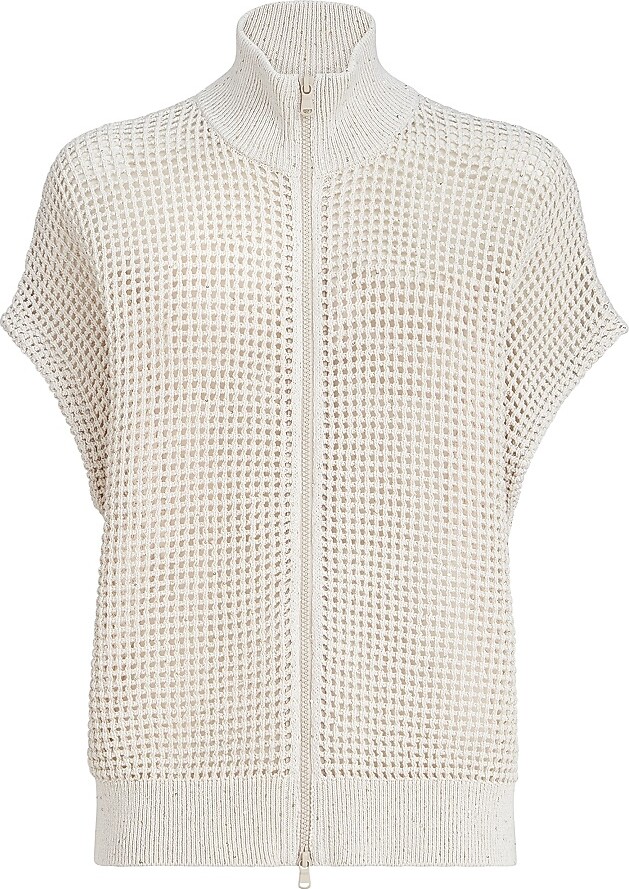 Brunello Cucinelli Women's Cotton Net Cardigan with Dazzling Details - Oat - Size XS