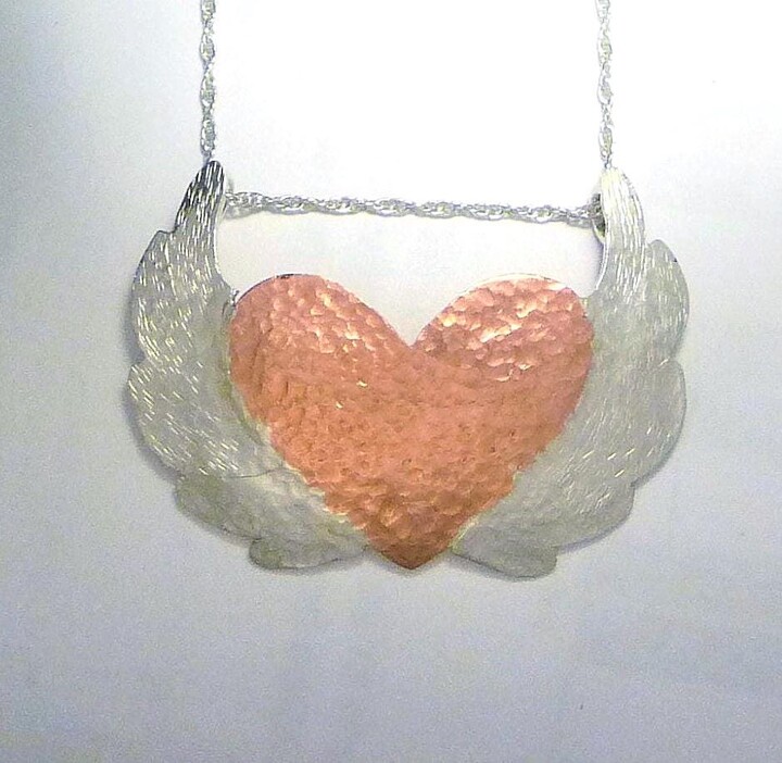 Etsy Flying Heart Pendant Hammered Copper, Sterling Silver Wings, 18\
