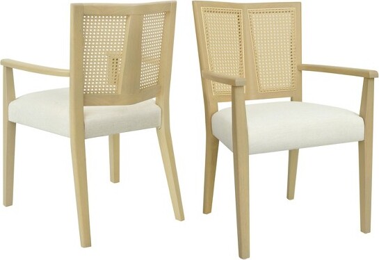 GulchesArmDiningChairsSetof2(LightAsh+Beige)-SolidRubberwoodFrameRattanBack/ArmrestUpholstered