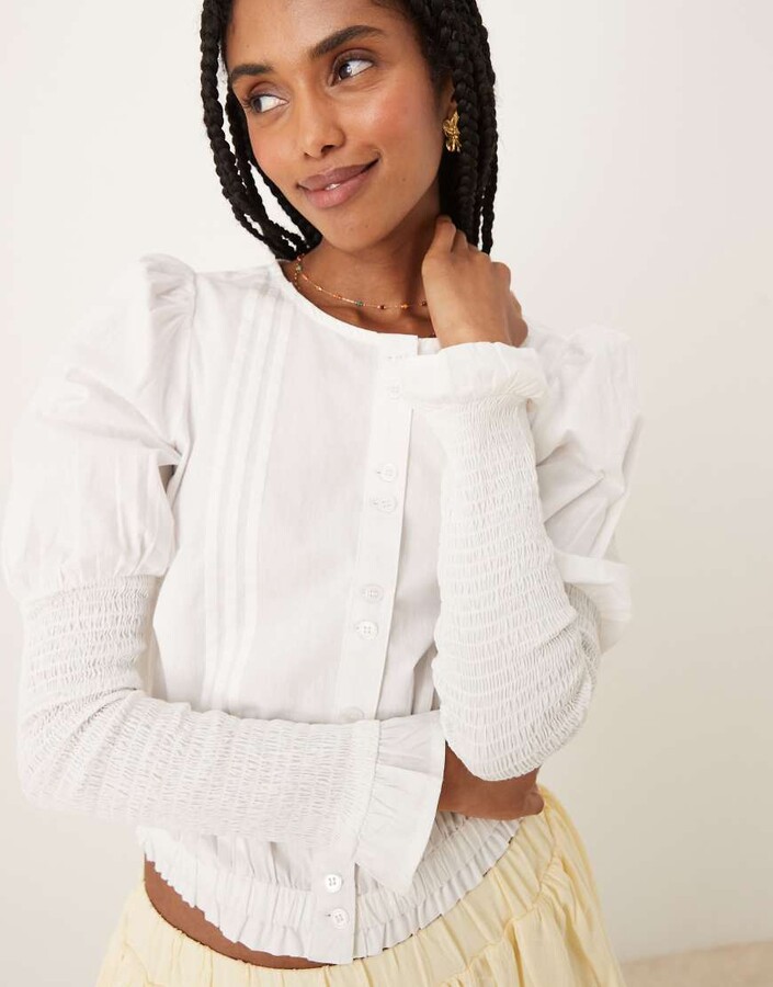 Neon Rose puff and shirred sleeve blouse in white