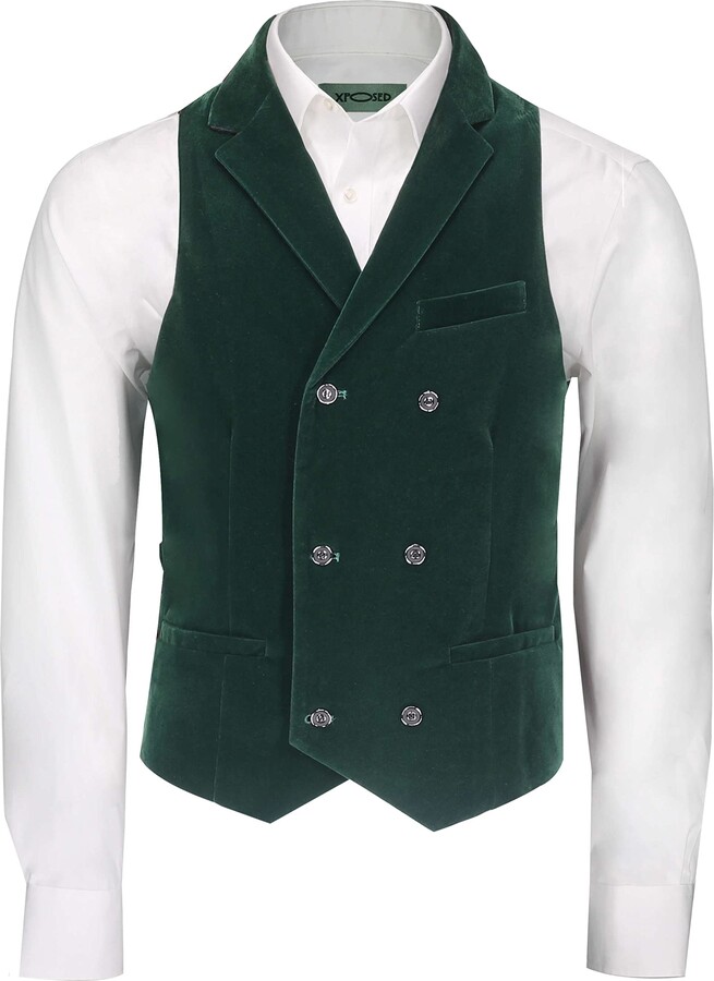 Xposed Mens Double Breasted Collared Velvet Waistcoats Classic Tailored ...