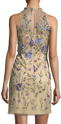 Aidan Mattox Embellished Floral Lace Mock-Neck Mini Dress